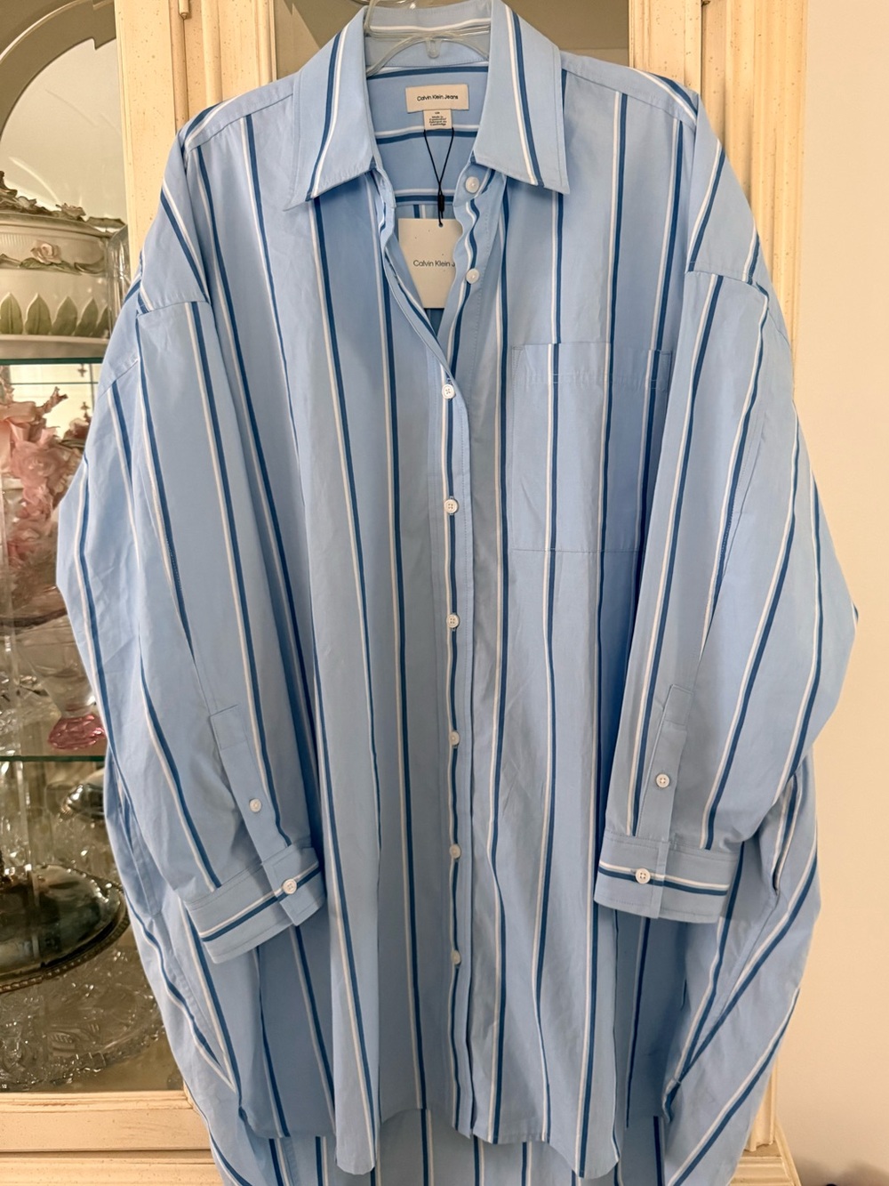 New 💙Calvin Klein Light Blue and Navy Striped Shirt Dress size L - Picture 12 of 14